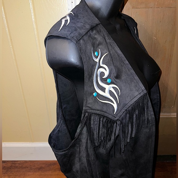 NWT Costume Fringe Cowgirl Vest Shorts W/ Choker White Stitching Blue Rivots XXL - Picture 10 of 13